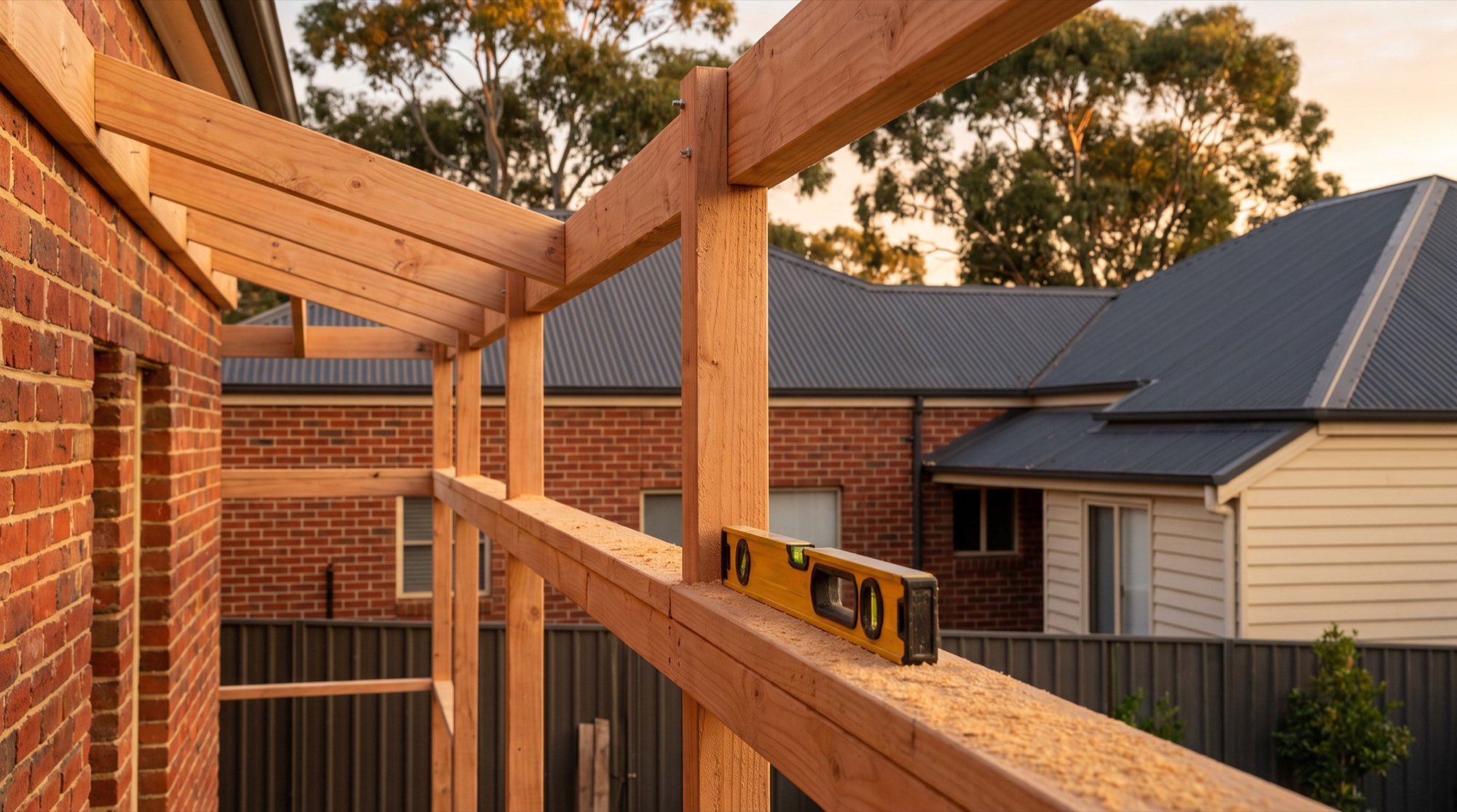 A timber pergola frame with a spirit level resting on a beam beside a brick house