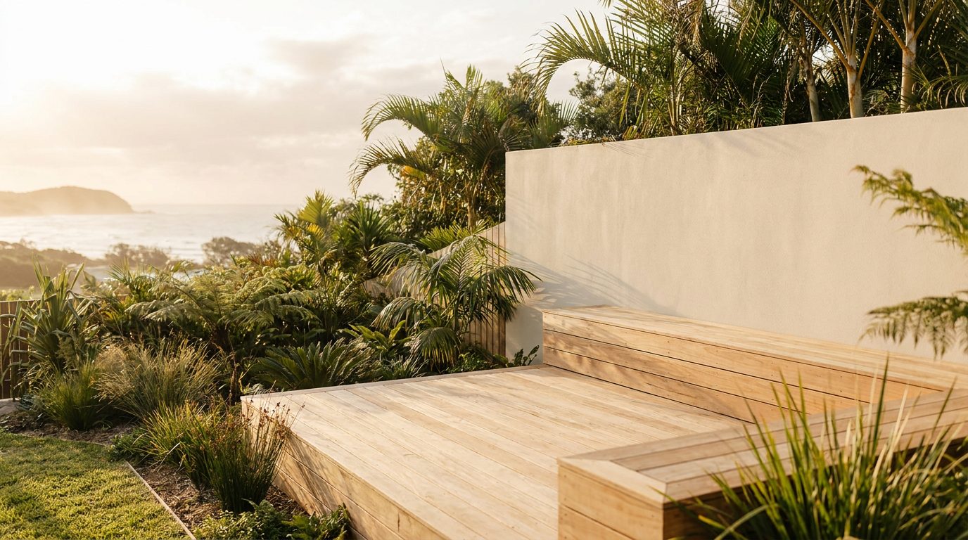 A timber deck and bench framed by palms with the coast beyond in late afternoon light