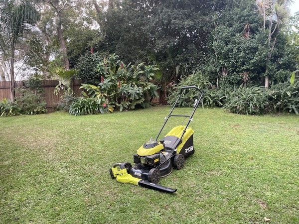 A mower and a blower standing on a cut back lawn in front of dense garden foliage